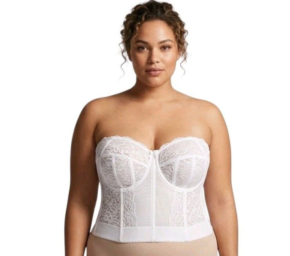 GODDESS White Lace Bustier Corset Bra 46D Strapless Boned Lingerie Bridal VTG